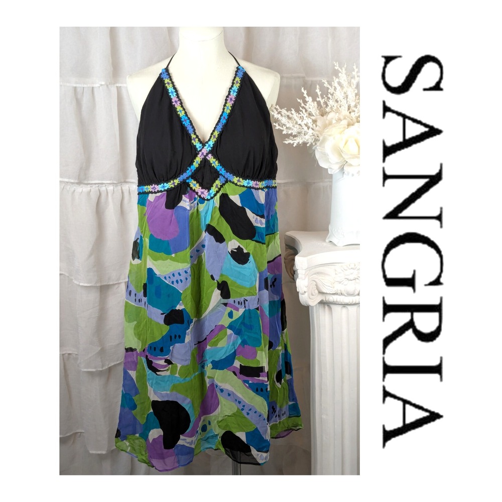 Sangria Vintage Y2K 100% Silk Mutlicolor Chiffon Babydoll Halter Dress Size 16W